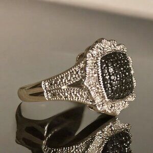 Black Diamond Halo Design Cocktail Ring Size 7 Rhodium over Brass